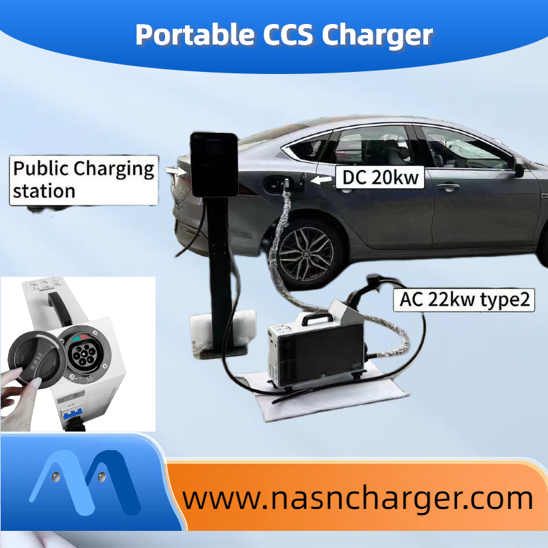 Portable CCS Charger 20kW Plugged into AC 22kW Charger